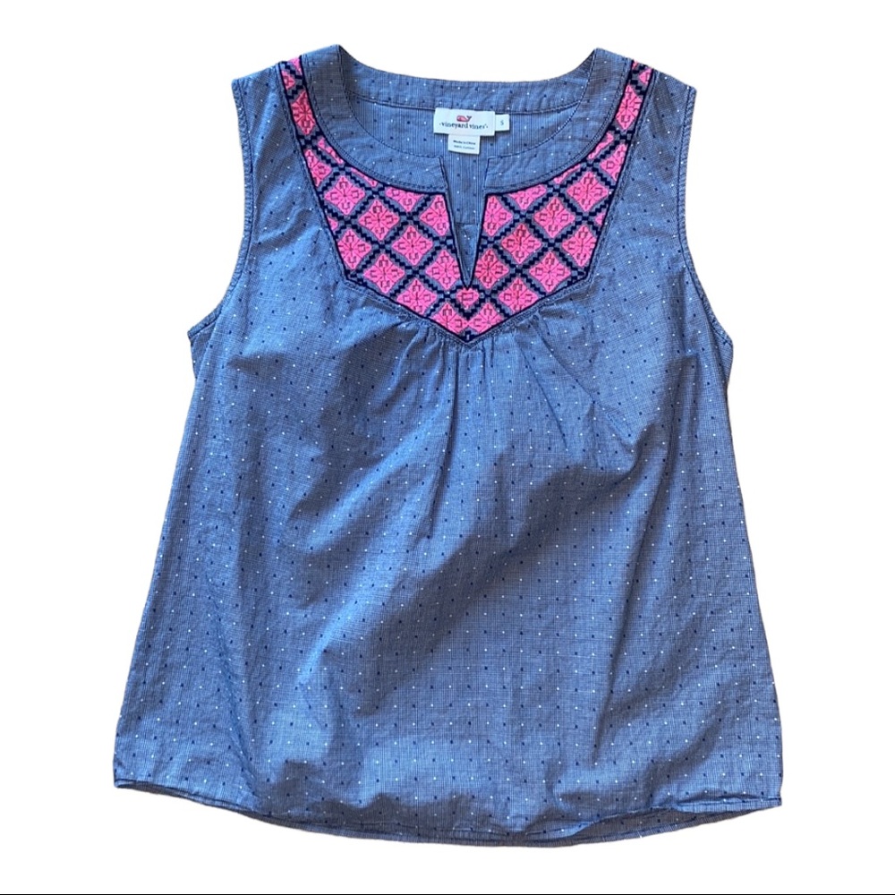 vineyard vines pink blue sleeveless embroidered blouse - size small